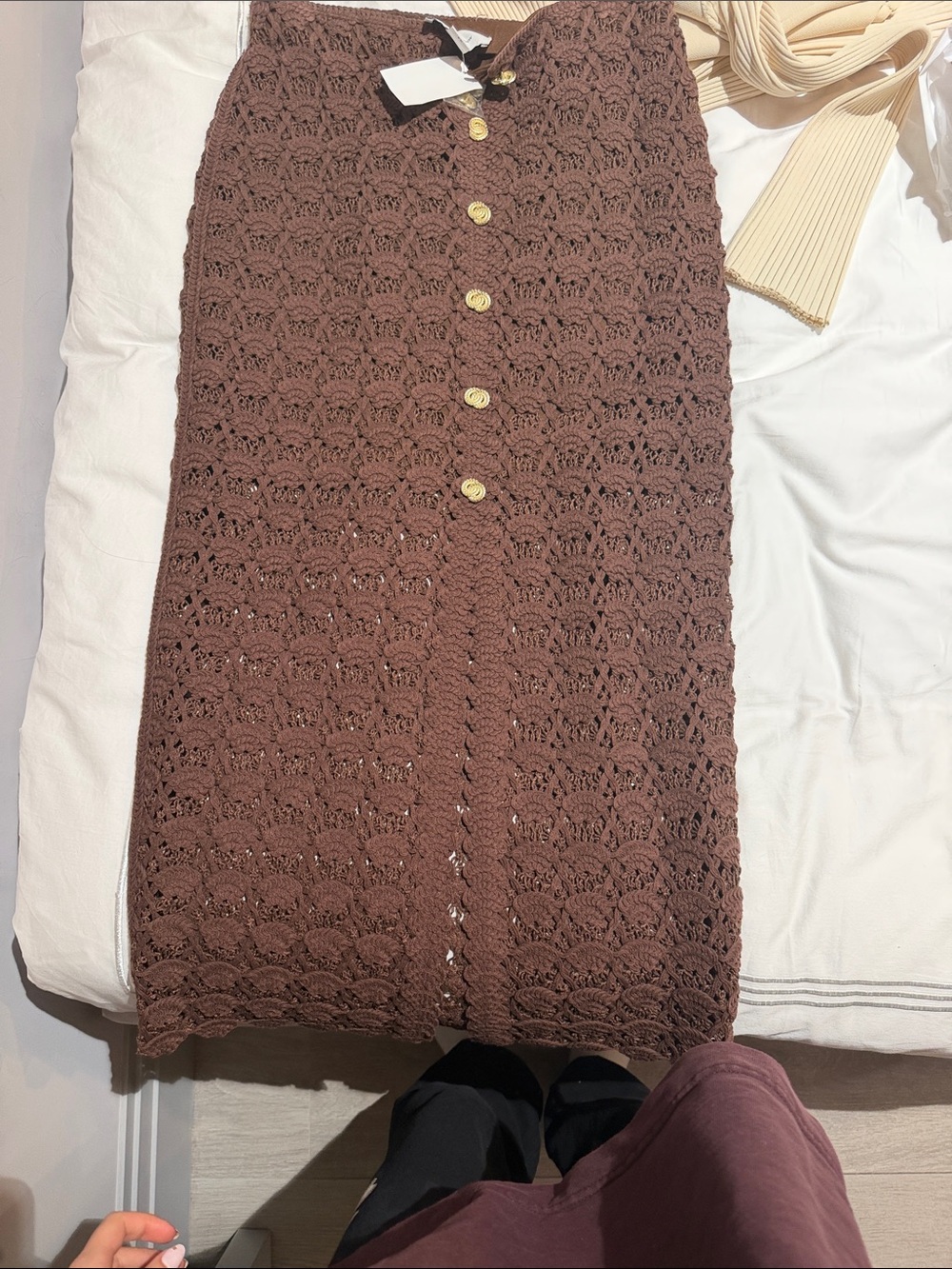 H&M Brown Crochet Button-Front Midi Skirt